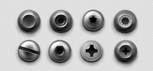 Metal screws and bolts with different head types, realistic vector illustration top view. 3d steel hardware elements, nuts and rivets with silver polish effect isolated on transparent background