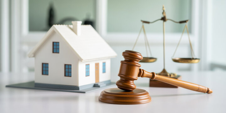 A miniature house gavel and scales of justice represent legal property matters