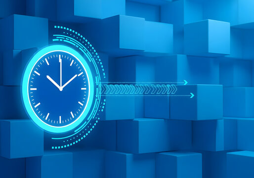 Glowing Blue Clock in 3D Cubes Environment with Futuristic Design