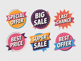 Set of vibrant sale offer badges and labels special offer big sale last chance best price super sale best offer modern graphic design elements for marketing advertising retail promotions and e-commerc