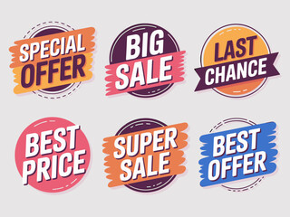 Obraz premium Set of colorful sale badges special offer big sale last chance best price super sale best offer modern graphic design elements for marketing promotions advertising retail e-commerce business shopping