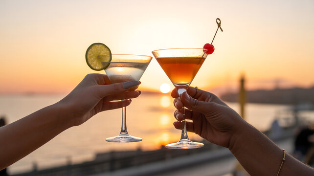 Two colorful cocktails are raised in a toast during a vibrant sunset celebration