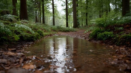 Obraz premium A wet forest path with a shallow puddle reflecting the surrounding greenery and trees