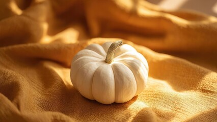 A small white pumpkin sits on a warm golden fabric backdrop. Concept Autumn Still Life, White Pumpkin, Golden Backdrop, Warm Tones, Cozy Decor
