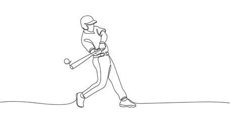 Line drawing of male baseball player swinging bat. No editable stroke
