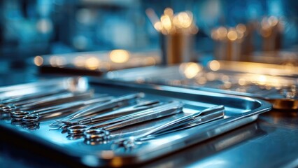 Obraz premium Surgical scissors, forceps and clamps arranged on a stainless steel tray in a sterile operating room. Concept Surgical instruments, Sterile operating room, Medical equipment