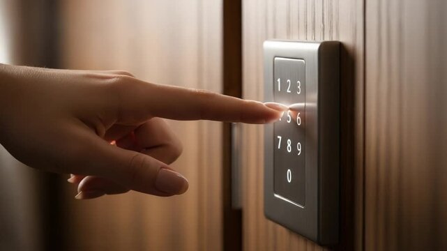 Person entering a code on a digital keypad lock on a wooden door