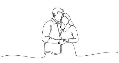 Obraz premium Continuous line art of caucasian couple embracing. No editable stroke
