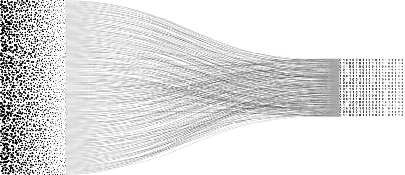 Cluster of black dots connected by lines transforming into binary grid. Abstract visualization of data processing, encoding, and digital transformation. Perfect for tech, science, or modern design.