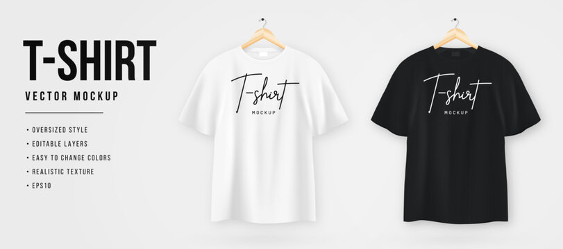 T-shirt mockup in white and black colors. Realistic t-shirt with short sleeves and in oversized style. Realistic blank t-shirt template on hangers and empty space for design. Vector