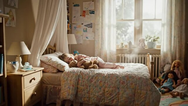 Child sleeping soundly with teddy bear in a bright and cozy bedroom on a sunny day