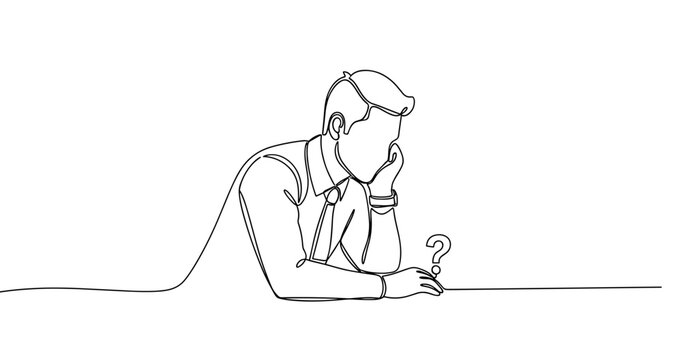 Continuous line drawing of man pondering a question mark on desk. No editable stroke