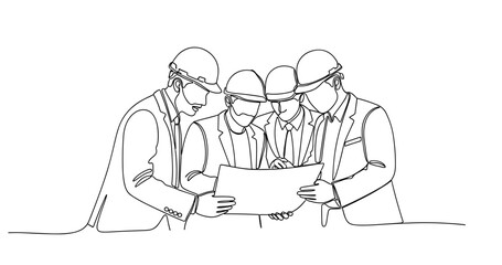 Team of caucasian male engineers discussing project blueprints. No editable stroke