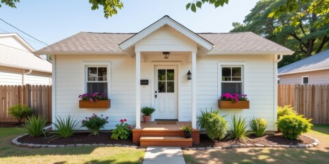 Fototapeta premium Small charming white house with flower boxes and a wooden fence in a sunny neighborhood.