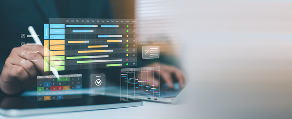 Project management dashboard with Gantt chart, task checklist and calendar interface over laptop. Business workflow planning, deadline tracking, progress monitoring and productivity software concept. © ภัทรชัย รัตนชัยวงค์
