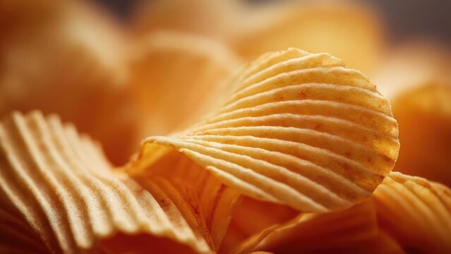 Close-up of ridged potato chips Concept Ridged potato chips, close-up texture, crunchy snack, salted flavor, golden crisp