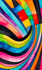 Bright multicolored wavy stripes on dark background, abstract pattern