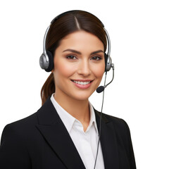 Professional woman with headset smiling, ready for customer service isolated on transparent background