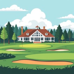 Naklejka premium Illustration of a countryside golf clubhouse surrounded by trees, sand traps and a lush green course.