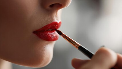 Close-up of lips as red lipstick is applied with a brush. Concept Close-up makeup, Lipstick application, Red lipstick, Makeup artistry, Beauty detail