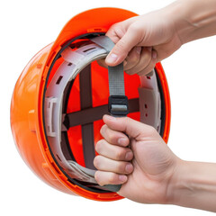 Person adjusting the fit of an orange bicycle helmet with a dial system isolated on transparent background