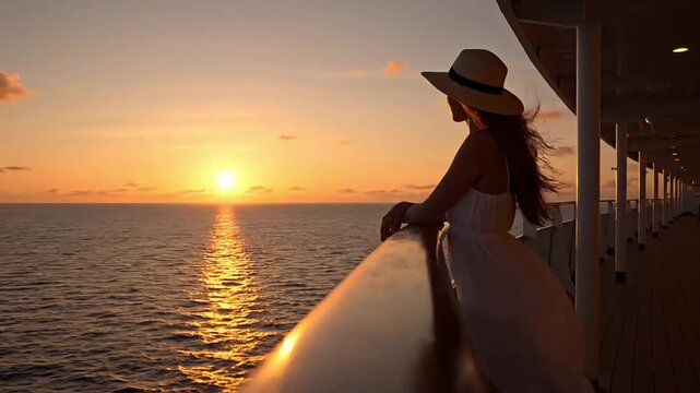 Woman in sunhat watches magnificent ocean sunset while standing on cruise ship balcony