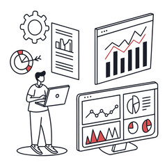 A man analyzing data on his laptop and computer screens