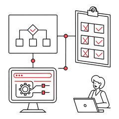 A person working on a laptop with a flowchart and checklist