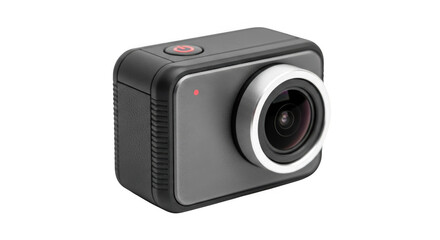 Black action camera with silver lens and red light on top isolated on transparent background