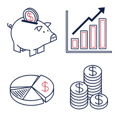 Financial icons including piggy bank and coins