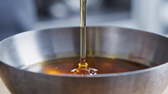 Close-up shot of golden syrup pouring from a spoon into a stainless steel bowl with delicious viscosity