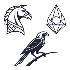 A bird a horse head and a diamond on a white background
