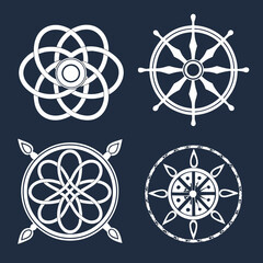 Four white mandala designs on a dark blue background