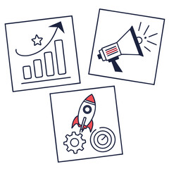 A set of three icons related to business growth and marketing