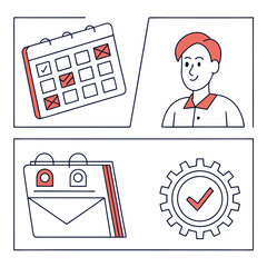 A calendar, a man, a briefcase and a cog with a checkmark