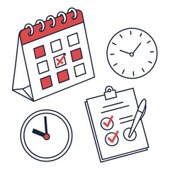 A calendar, clocks, and a to-do list with checkmarks