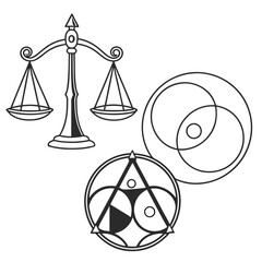 A diagram of a scale and two circles with a triangle