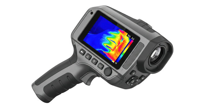 Handheld thermal imaging camera with colorful display isolated on transparent background