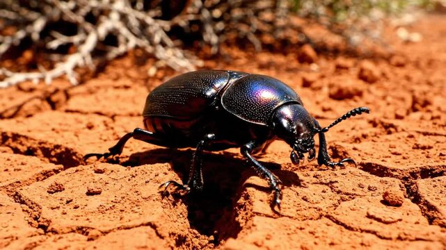 Close up view of a shiny iridescent black beetle crawling on red arid dirt in the bright sunlight, insect macro