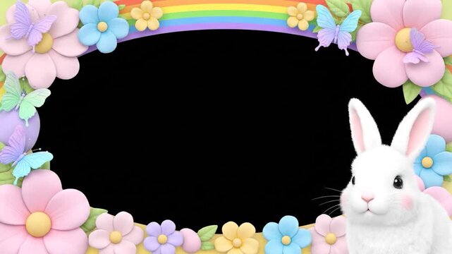 An oval-shaped frame adorned with pastel flowers, butterflies, and a fluffy white bunny
