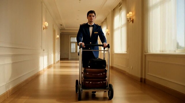 A bellhop assists guests by transporting their luggage through a luxurious hotel corridor.