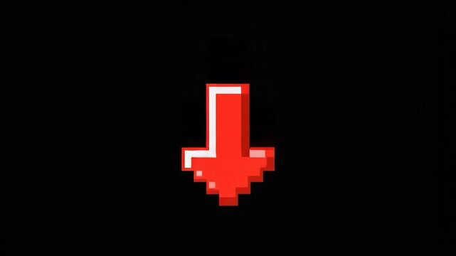 A pixelated red arrow points downwards on a stark black background