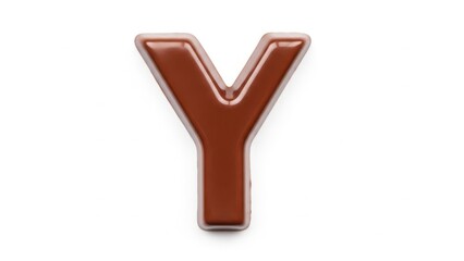 A close-up view of a large, shiny, metallic letter y on a white background