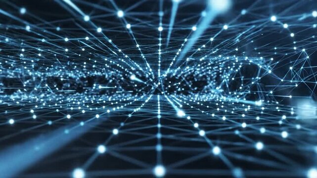 Abstract network of glowing blue nodes and connecting lines receding into darkness