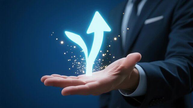 Digital financial planning, smart money habits for passive income business growth increasing productivity success with glowing arrow leaf symbol concept in financial world