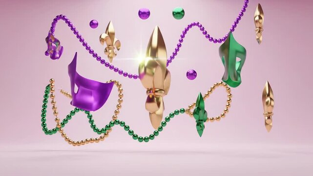 Mardi Gras celebration design with colorful masks, fleur de lis, and bead necklaces. Festive holiday background for carnival party.