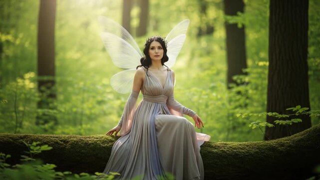 Mysterious fairy sitting on a log in a serene forest with delicate wings and a flowing dress