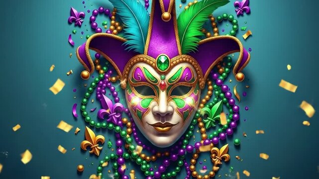 Jester mask with feathers, beads, and fleur-de-lis. Mardi Gras celebration, New Orleans carnival event, festive masquerade entertainment concept.