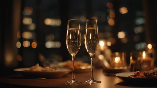 高級感のあるシャンパングラスとキラキラ輝く光の粒子 記念日・お祝いの広告素材