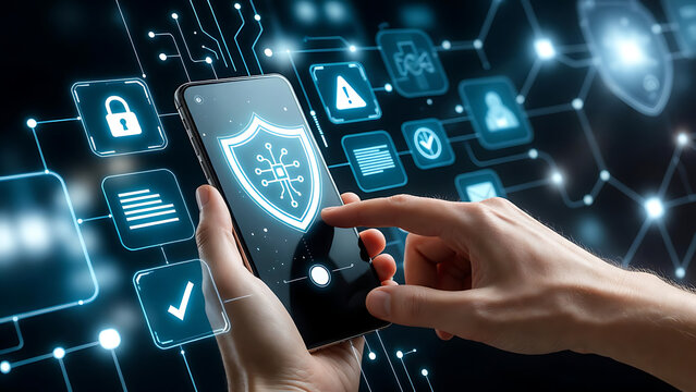 Person using smartphone with cyber security protection shield interface